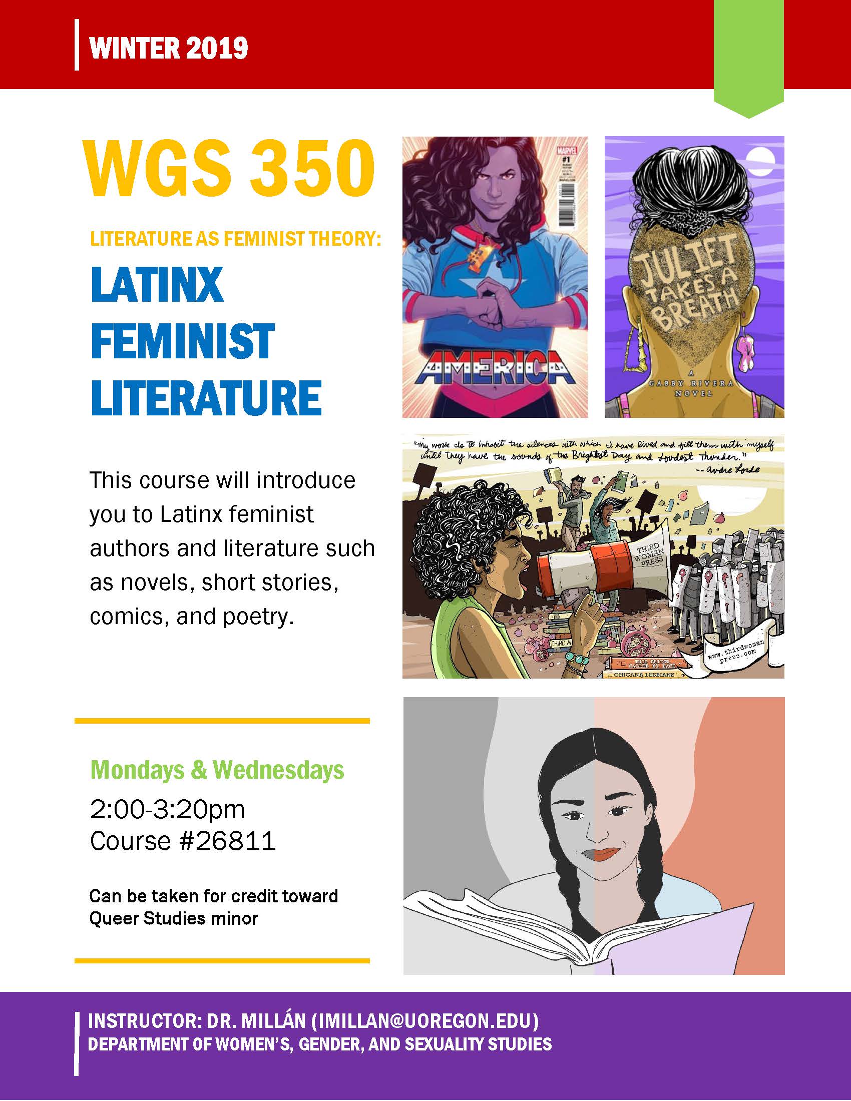 Course Flyer for WGS 350 Latinx Feminist Literature with Professor Millan